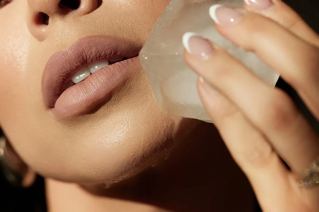Woman cooling facial skin with ice cube to soothe heat-related melasma