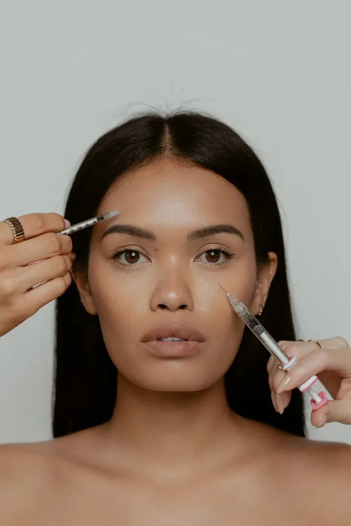 Woman receiving facial injections above the eyebrow and under the eye for facial balancing